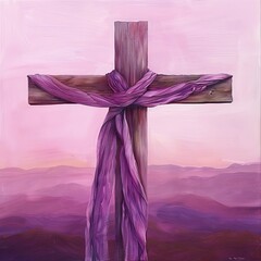 Subtle wooden cross adorned with luxurious purple cloth against sunset-lit hills
