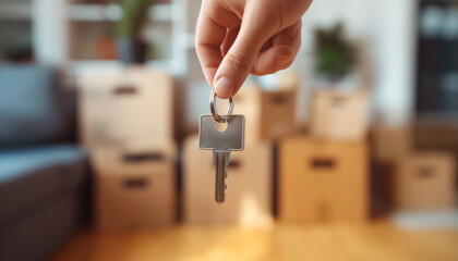 Close-up of hand holding silver key with square keychain against background of cardboard moving boxes. Image evokes concepts of moving, relocation, and new beginnings. Home sweet home concept image.