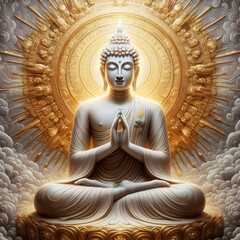 buddha sits in a golden circle with abstract background 