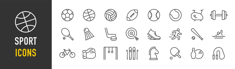 Sport web icons in line style. Football, golf, gym, basketball, volleyball, bowling, chess, skiing, boxing, tennis, collection. Vector illustration. © iiierlok_xolms