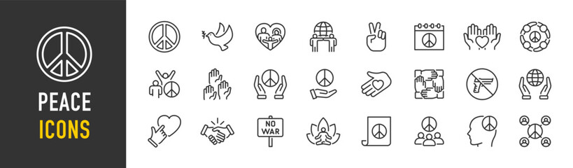 Peace web icons in line style. Moral, no war, freedom, harmony, peace day, dove, collection. Vector illustration.