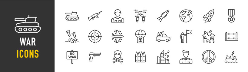 War web icons in line style. Army, battle, conflict, military, missile, refugees, bomb, tank, collection. Vector illustration.