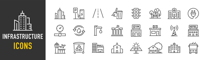 Naklejka premium Infrastructure web icons in line style. Transport, road, mall, airport, police, school, park, water, collection. Vector illustration.