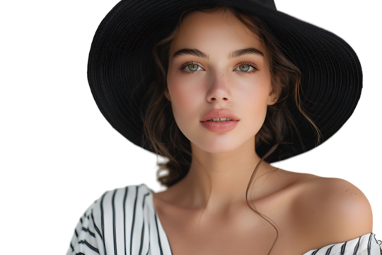 Portrait of beautiful woman model wearing black round summer hat on isolated transparent background