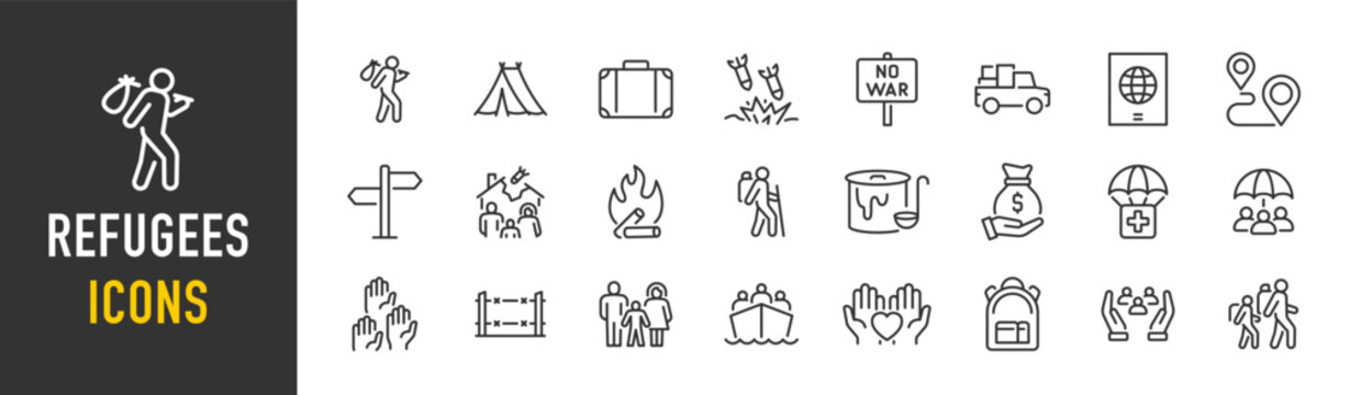 Refugee web icons in line style. War, conflict, passport, crisis, immigration, migrant, help, collection. Vector illustration.