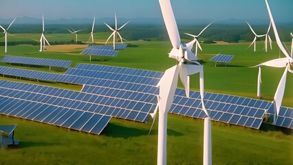 Vast Field of Wind Turbines and Solar Panels Generative AI