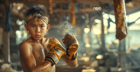 Little Thai Sweaty Warrior: Gloves, Intense Gaze. A young boxer's determination shines as he faces the camera from the ring, sweat glistening on his gloves. Active sporty kids hard work concept.