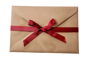 A brown envelope with a red ribbon tied around it