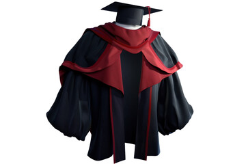 A black and red graduation gown with a red cap on top
