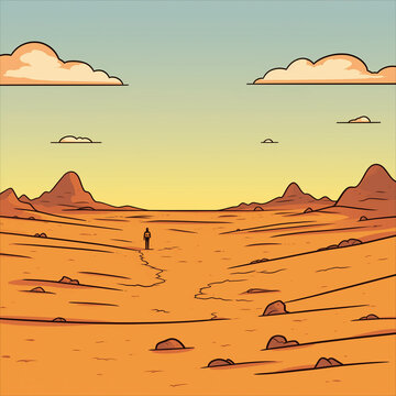 cartoon desert scene with a lone person walking on a path
