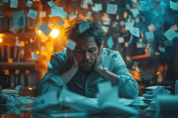 Obraz premium Image captures a man displaying fatigue with head in hands at a desk covered in papers