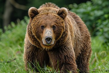 Serene scene of a bear in a natural habitat, gazing calmly at the camera, amidst lush greenery