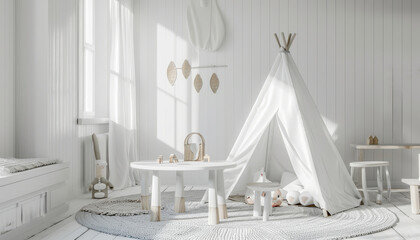 A white room with a white tent and a white table by AI generated image