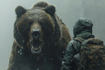 Dramatic confrontation between a human figure and a bear in a downpour, eliciting a sense of danger