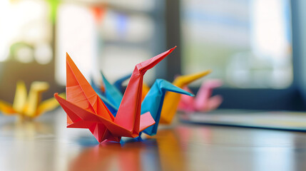 Multicolored of several origami bird from folded paper on the desk