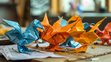 Multicolored of several origami bird from folded paper on the desk
