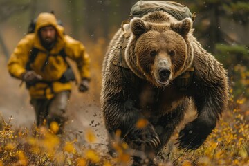 A captivating scene with a bear wearing a backpack seemingly being pursued by a person in a blurred background