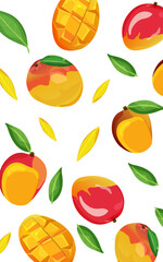 Pattern of fresh whole, half, cut slice mango fruits isolated with leaves on white background. Summer fruits for healthy lifestyle. Organic fruit. Vector illustration.