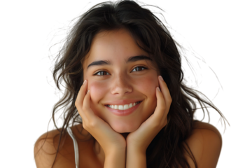 Cheerful Girl Touching Face Smiling To Camera, on isolated transparent background