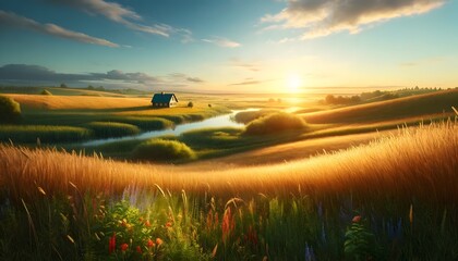 Golden sunset casting warm light over a peaceful field, with a small house nestled by a calm river, enveloped by rich wildflowers.