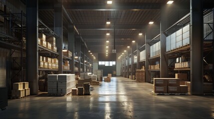Vast, empty warehouse with high shelves stocked with boxes, illuminated by overhead lights and natural light from windows.