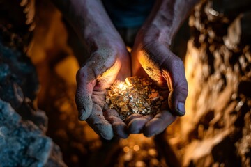Close up image of the hands of a gold miner showing raw gold with various sizes