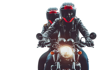 Couple of bikers in helmets riding motorcycle on isolated transparent background