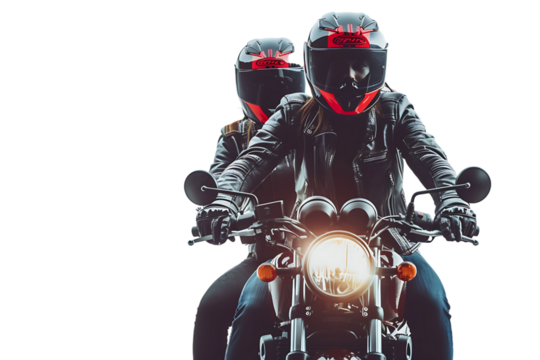 Couple of bikers in helmets riding motorcycle on isolated transparent background