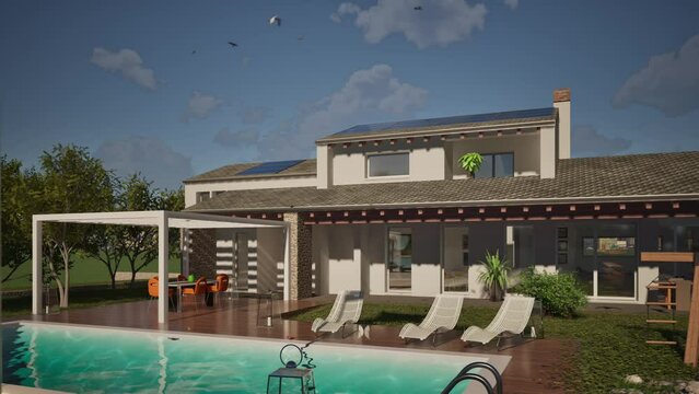 Modellazione 3D e video di edificio residenziale con piscina e bandiera Cuba al vento