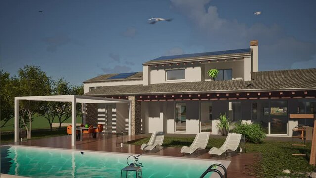 Modellazione 3D e video di edificio residenziale con piscina e bandiera Canada al vento