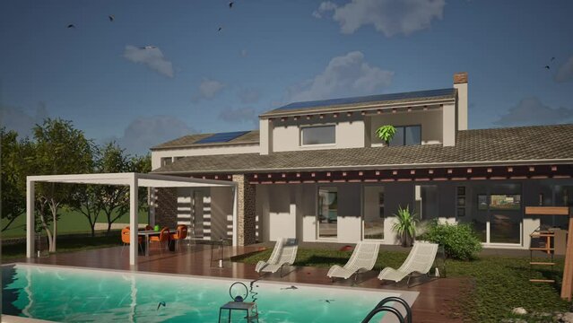 Modellazione 3D e video di edificio residenziale con piscina e bandiera Croatia al vento