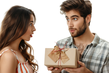 Handsome young man is giving gift box to surprised girlfriend on isolated transparent background