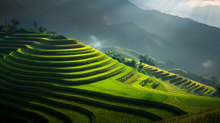 Nature agriculture crops fields terrain rice terraces outdoor travel destination idyllic scenery.
