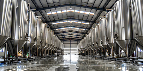 clean modern wine factory with large tanks for the fermentation Large stainless steel fermenters used to make wine, modern wine production area.
