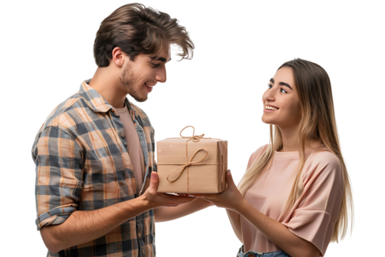 Handsome young man is giving gift box to surprised girlfriend on isolated transparent background