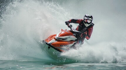A man skillfully rides a jet ski on a powerful wave in the ocean.