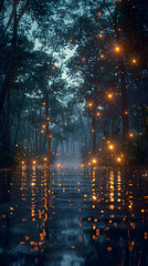 Magical Evening: Fireflies Illuminating Mangrove Swamps in Photo Realistic Style
