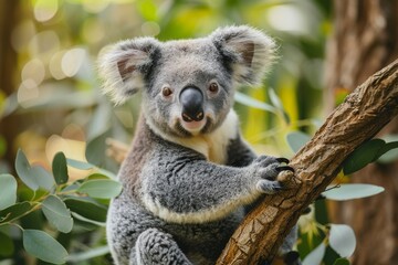 Cute koala bear with fluffy ears clutching onto a eucalyptus tree in its natural habitat