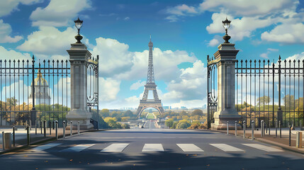 Straight asphalt road with gate to the eiffel tower background.