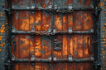 Detailed image showcasing weathered iron chains across a rusted and textured metal door