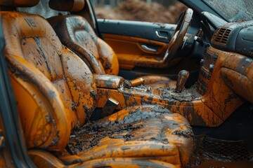 Fototapeta premium An derelict interior of a car with seats and dashboard covered in thick layers of mud