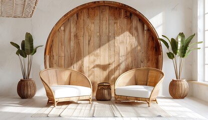 A white wall with an arched wooden door in the background, two rattan chairs