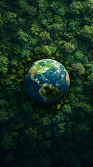 Obraz na płótnie Canvas Environmental Conservation Concept: Realistic Globe Icon Framed by Forest Canopy Emphasizing Forest Preservation and Biodiversity - Stock Photo