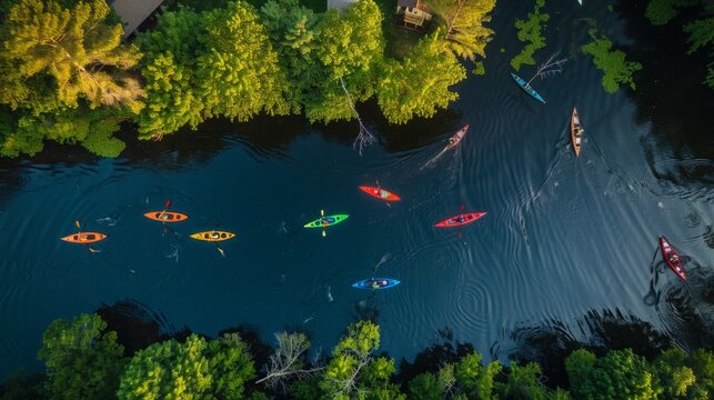 Canoes and kayaks navigating down a river in an aerial view.