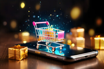 Shopping trolley cart with present gifts on a mobile smartphone Online e-commerce store internet digital sale concept