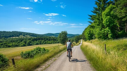 Fototapeta premium smiling man riding a bike in a wild road in the countryside leading to rolling hills and forested areas on both sides under a clear blue sky. generative AI