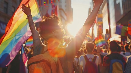 A young person stands in a crowd at a Pride parade, waving a rainbow flag and looking up at the sun - Powered by Adobe