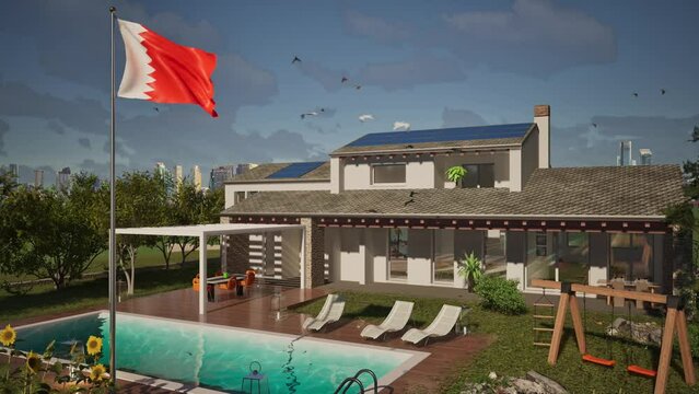 Modellazione 3D e video di edificio residenziale con piscina e bandiera Bahrein al vento