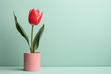 Fototapeta premium Profile of a red tulip against a pastel mint background, showcasing the flowers vibrant color and sleek lines