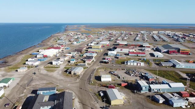 Aerial views of Arviat, Nunavut, Canada on a sunny fall day
